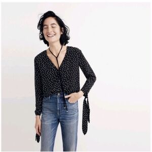 Madewell Black Cream Silk Star Scatter Button Front Tie Sleeve Blouse